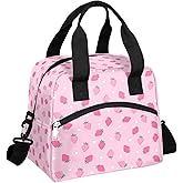 Pardick Pink Strawberry Insulated Lunch Bag Polka Dot Lunch Box for Women Girl with Shoulder Strap Tote Bag Reusable Large Containers Meal Prep for School Work Travel Picnic Thermal Cooler Bag