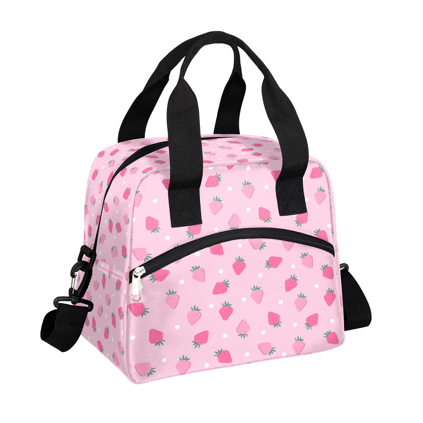 Photo 1 of Pardick Pink Strawberry Insulated Lunch Bag Polka Dot Lunch Box for Women Girl with Shoulder Strap Tote Bag Reusable Large Containers Meal Prep for School Work Travel Picnic Thermal Cooler Bag