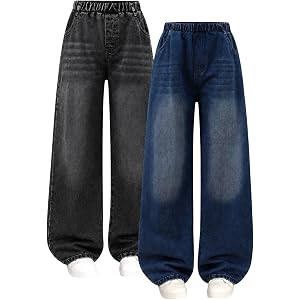 Kxuryueo Girls 2 Pack Jeans Wide Leg High Waist Denim Pants with Elastic Waist, Loose Fit Jeans for School Size 7-16