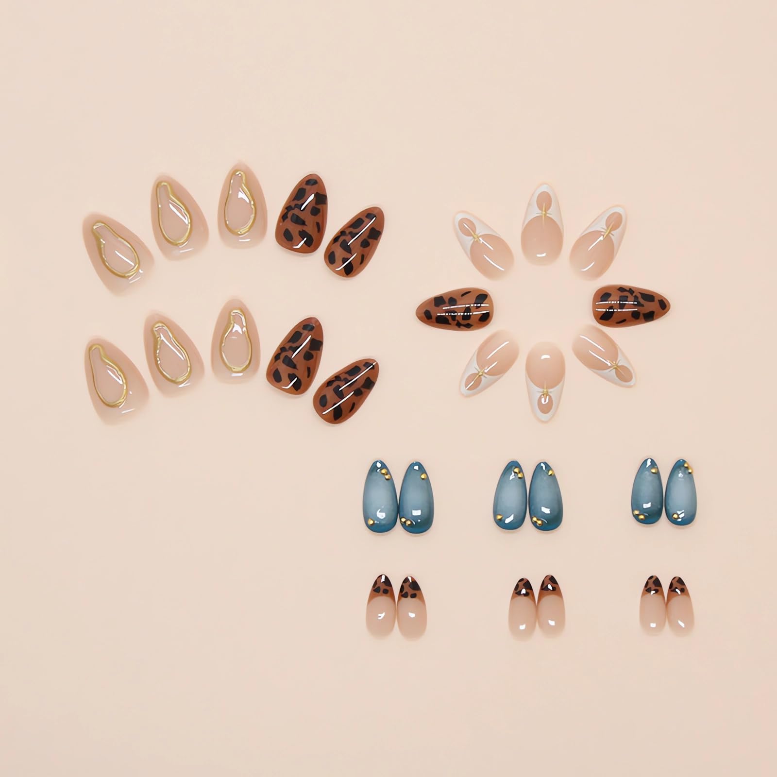 Almond Press on Nails Medium Leopard French Tip With Stars Design Gold Blue Artificial 3D Full Cover Acrylic Glue on Ombre Stick on for Women - Image 4