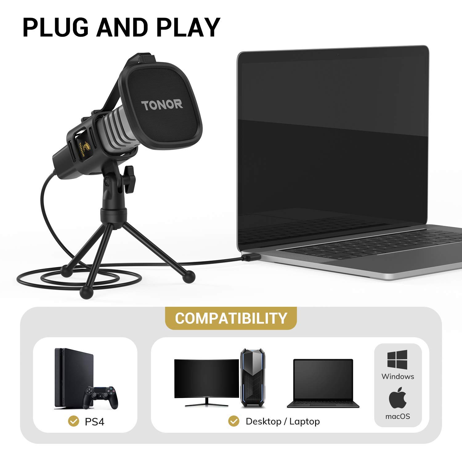 TONOR USB Microphone for PC, Cardioid Condenser Computer Mic with Tripod Stand, Pop Filter, Shock Mount for Gaming, Streaming, Podcasting, YouTube