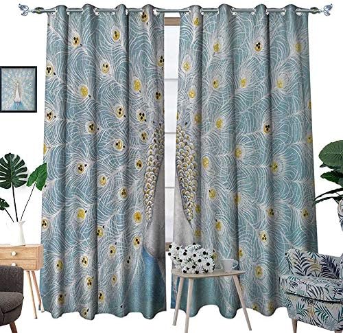 RenteriaDecor Peacock Room Darkening Wide Curtains Peacock Pattern on The Wall Nature Colorful Stylish Ornate Artwork Print Customized Curtains W72 x L96 Yellow Pale Blue