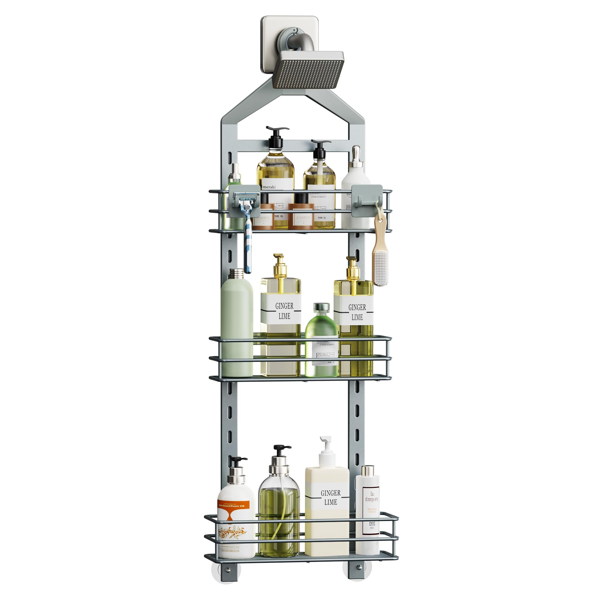 Photo 1 of ***(PARTS ONLY/MISSING PARTS/ NON FUNCTIONAL)***Orimade Adjustable Anti-slip Shower Caddy Overhead, Rustproof Hanging Shower Organizer With 2 Razor Hooks - No Drilling, 3-Tier Shelves, Silver Grey