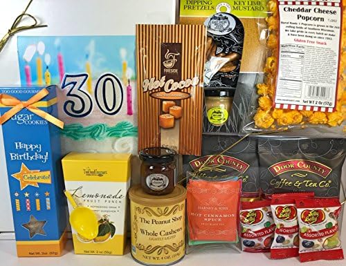 Happy 30th Birthday Gift Box Basket - Send Gourmet Coffees, Teas, Pretzels, Mustard, Fudge Sauce, Cookies, Hot Cocoa, Candy, Popcorn, and Nuts - Prime Happy Birthday 30 Men Women
