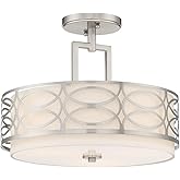 Kira Home Sienna 15" 3-Light Semi Flush Mount Ceiling Light, White Fabric Shade + Glass Diffuser, Brushed Nickel Finish