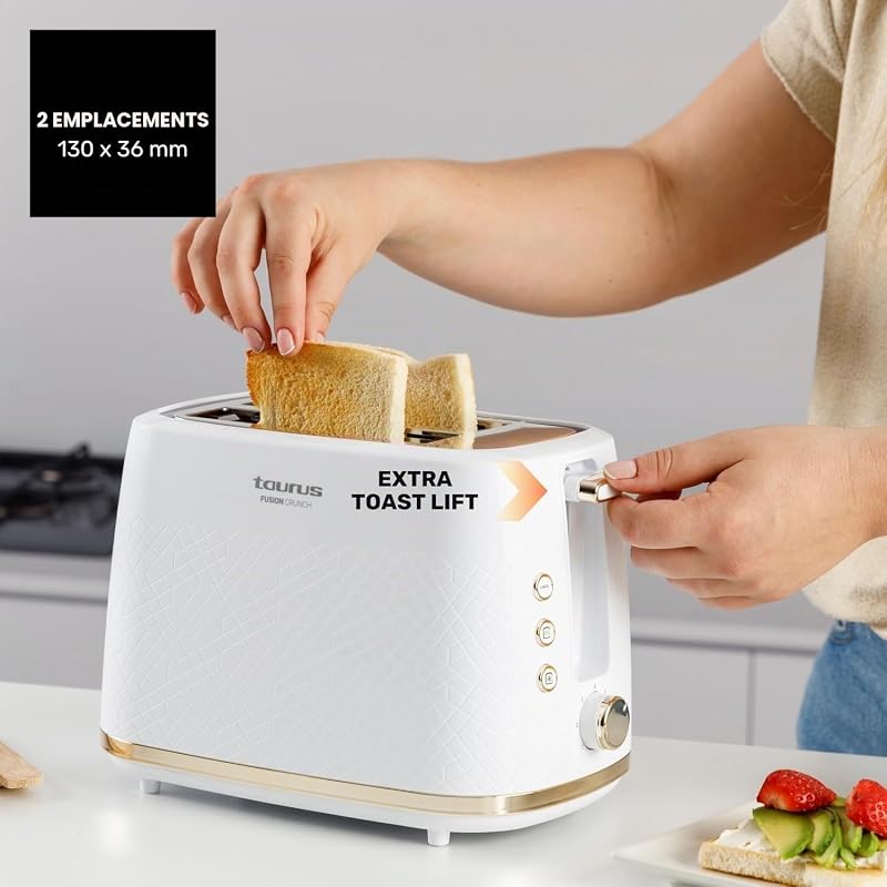 – Grille-pain Fusion Crunch| 2 fentes courtes| 7 niveaux de grillage| 3 fonctions : annulation, réchauffage, décongélation| Centrage automatique| Plateau ramasse-miettes| 800 W
