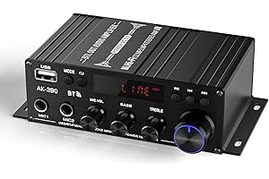 Suacopzar AK-390 2.0CH Stereo Amplifier, Max 400W HiFi Stereo Amplifier, Bluetooth 5.0 Home Audio Power Amplifier with MIC/RCA/USB/SD/FM for Car Home Karaoke Bar Garage, Remote Control & Power Adapter