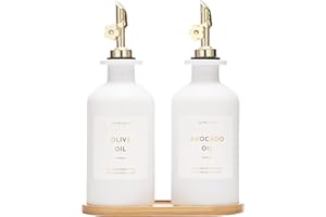 HOMCDALY Olive Oil Dispenser for Kitchen, Glass Oil Dispenser Bottle, Gold and White Oil and Vinegar Dispenser Set, Oil Container Kitchen, Cooking Oil Dispenser, Oil Cruet| Set of 2 (11.8oz – Gold)