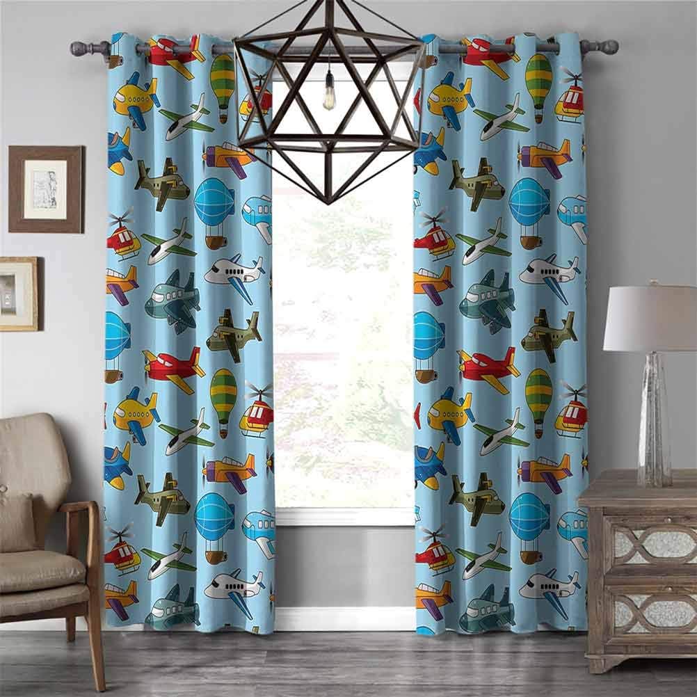 Kids Blackout Curtains for Bedroom Cute Airplane Helicopter Zeppelin Air Balloon Military and Toy Flights Nursery Pattern Curtains for Kids Bedroom， W84 X L84 inch