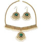 Green CZ Pearl Tassel Dangle Drop Earrings Choker Necklace Set for Women Bohemian Indian Traditional Fashion Antique Trendy Bollywood Jewelry for Bride Wedding Bridal
