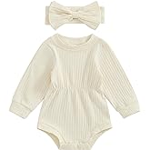 Karwuiio Newborn Baby Girl Fall Outfits Long Sleeve Ribbed Knit Jumpsuit Romper with Headband Infant Clothes Sets