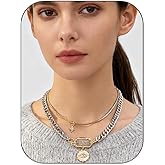 Valentines Day Gifts for her,Gold Statement Necklace,Muliti Layered Necklaces for Women,Chunky Two Tone Mixed Metal Necklace Set with Charm Pendant, Paperclip Stacked Chain, Trendy Coin Jewelry Gift for Her Gifts for Chrismas