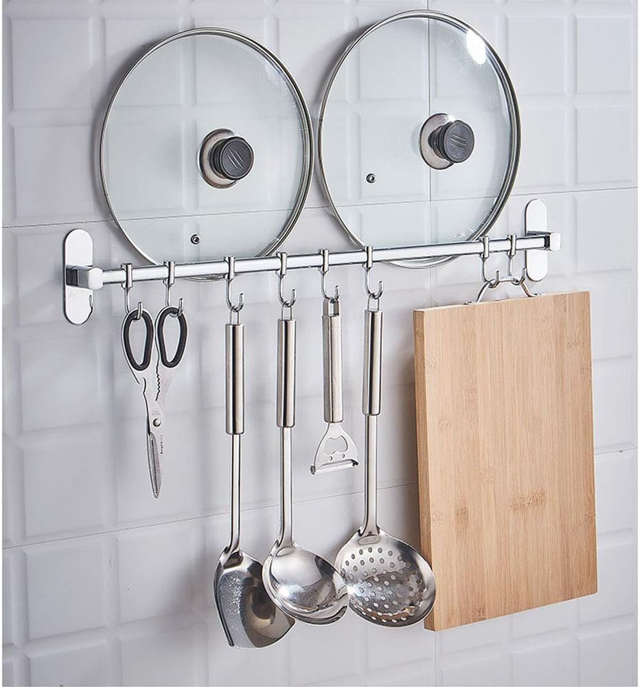 Amazon Tengfey キッチンツールフック 壁掛け式 フック 59 5cm 強力固定 8個フック付き ステンレス キッチン 収納 ラック お風呂 シャワーラック タオルハンガー 防水 多機能 キッチンツール 収納棚 台所ラック 省スペース キッチンツールフック