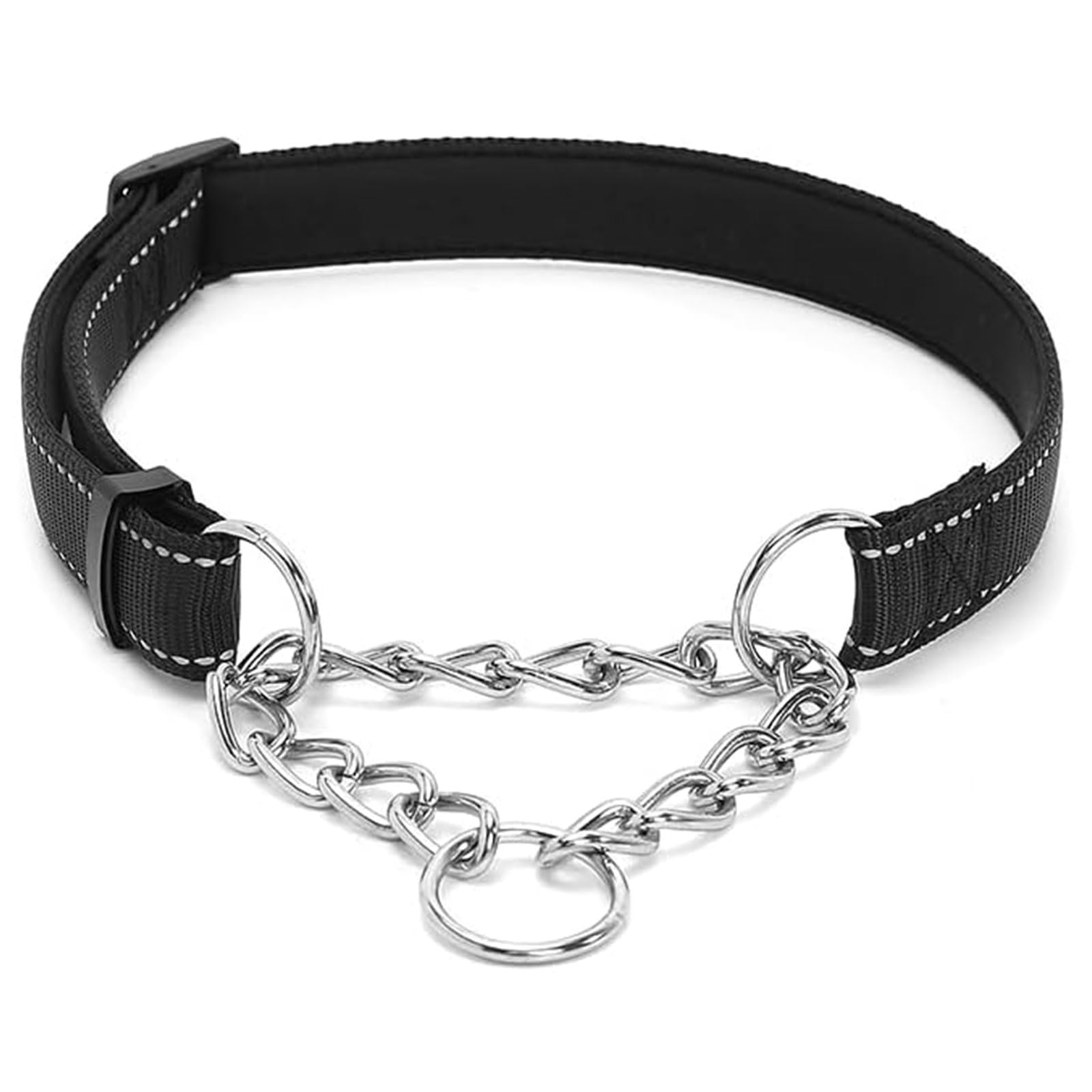 Martingale Dog Collar with Limited Chain - Strong Nylon with Soft Padded No Pull Reflective Training Design for Large, Medium and Small Dogs (M: Neck 35-55cm, Black)
