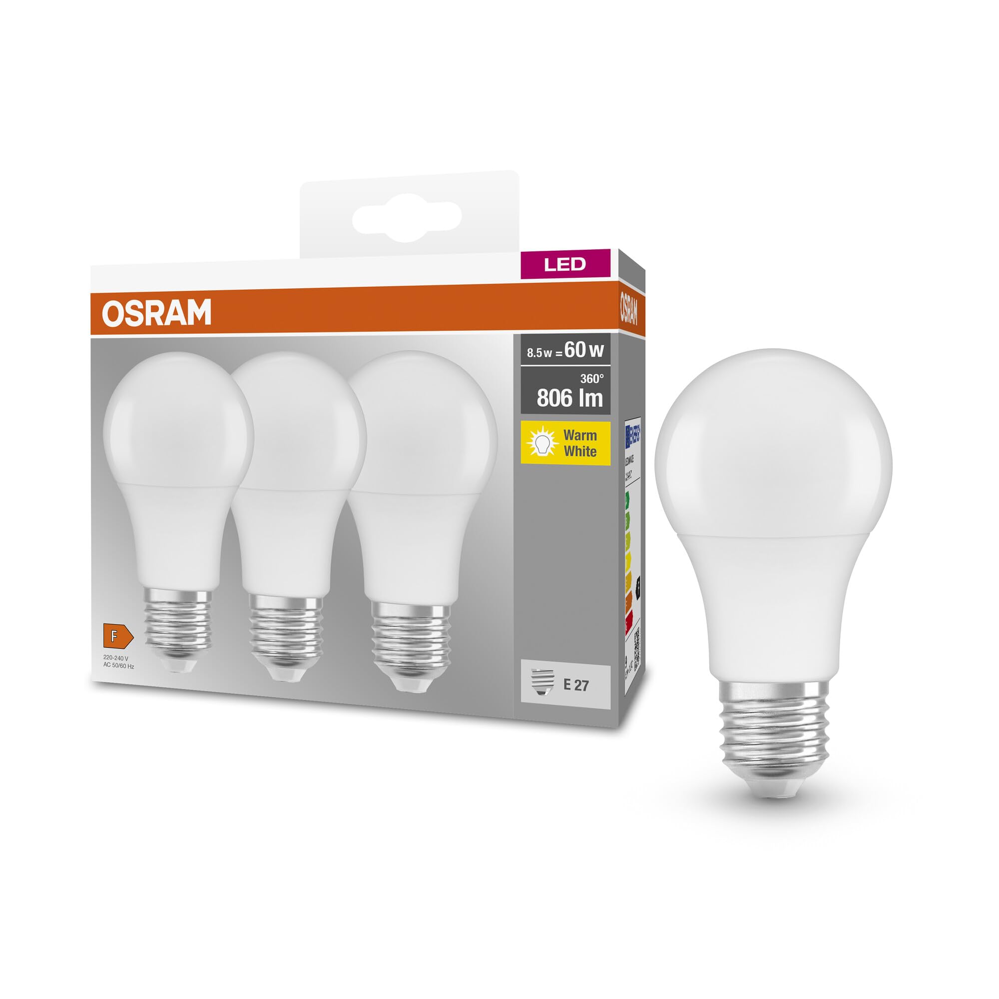 OSRAM Base Classic A 60 FR Led Lamp with E27 Base, Bulb Shape, Triple Pack, 8.5W, 806Lm, 2700K, Warm White Light, Low Heat Output, Very Low Energy Consumption, Long Life