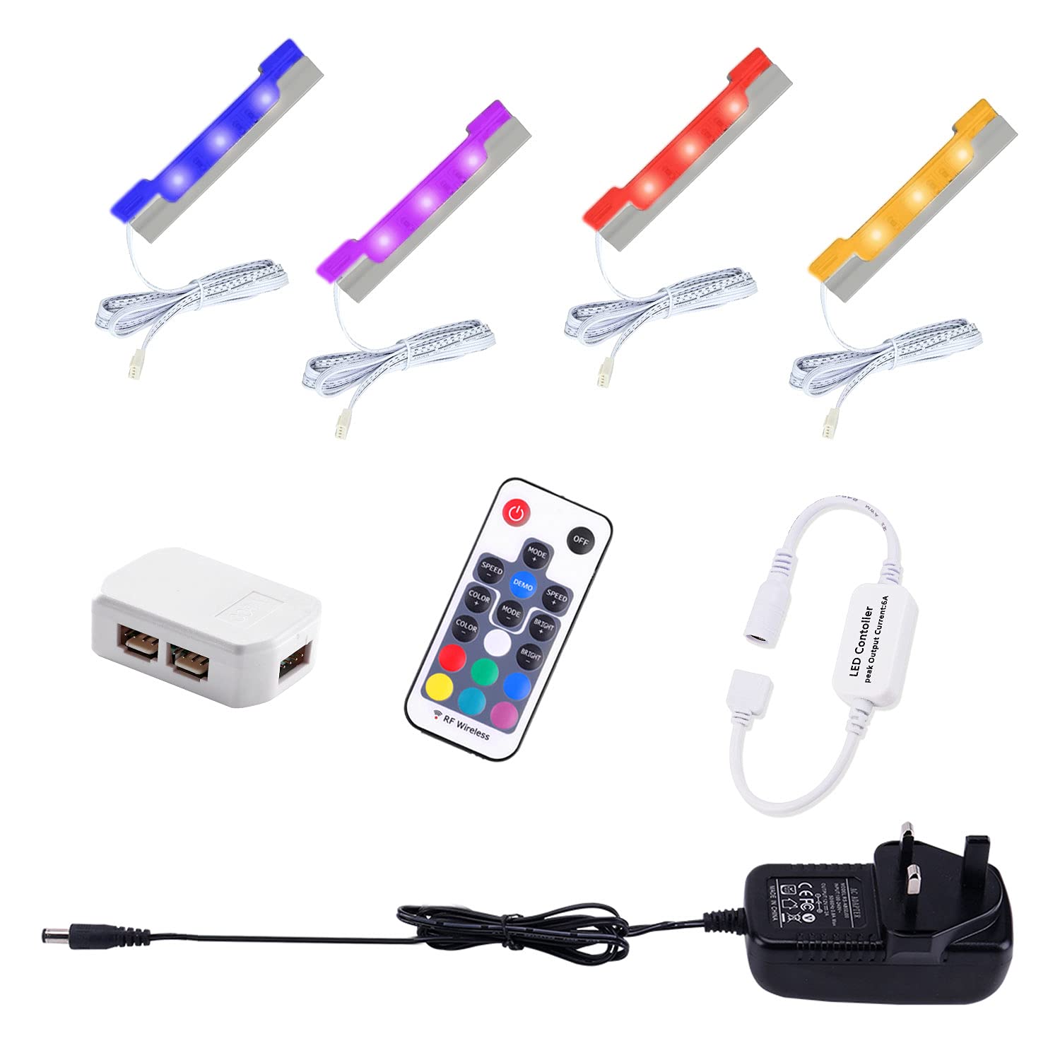 AIBOO LED RGB Under Glass Shelf Cabinet Lighting Kit with RF Remote Control, Dimmable Long Clip on Glass Display Shelf Lights, Ultra Slim LED Strips Lights Display Cupboard (4 Pack)