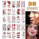 Halloween Face Fake Scar Tattoos,30 Sheet Halloween Zombie Makeup Kit Decoration for Kids,Vampire Bite Wounds Cuts Waterproof Fake Blood Tattoo for Party Supplies Cosplay Props