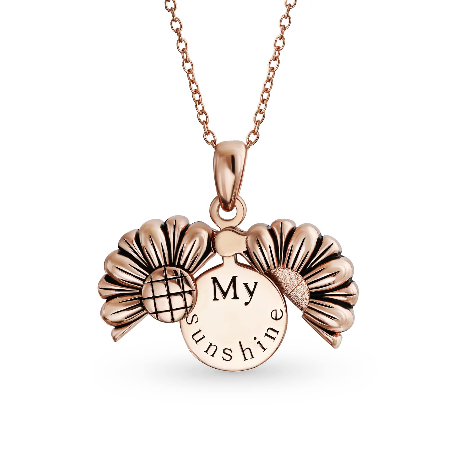 Personalize Floral Flower Inspirational Saying My SUNSHINE Words Sunflower Open Locket Pendant Necklace For Women Teen Girlfriend Rose Gold Plated .925 Sterling Silver