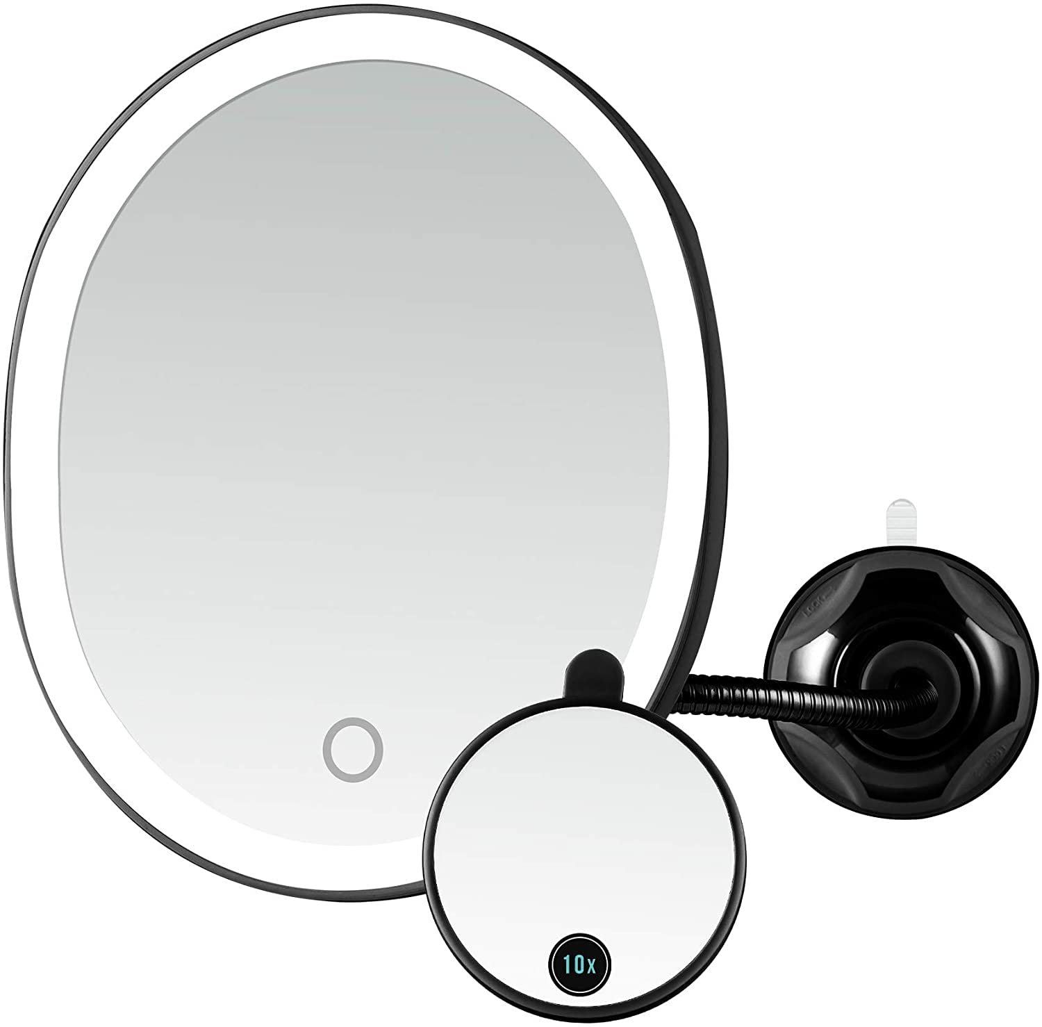 OVENTE 9'' Rechargeable Lighted Wall Mount Makeup Mirror for Bathroom with Mini Magnetic 10X Magnifying Mirror, Touch Screen Dimmable LED Lights, Flexible Gooseneck and Suction Mounting, Black MOW22B