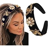 Coridy Black Baroque Headband Pearl Rhinestones Hairband with Beaded Hair Ties Handmade Velvet Hair Hoop Wide Head Band for Women (Bee)