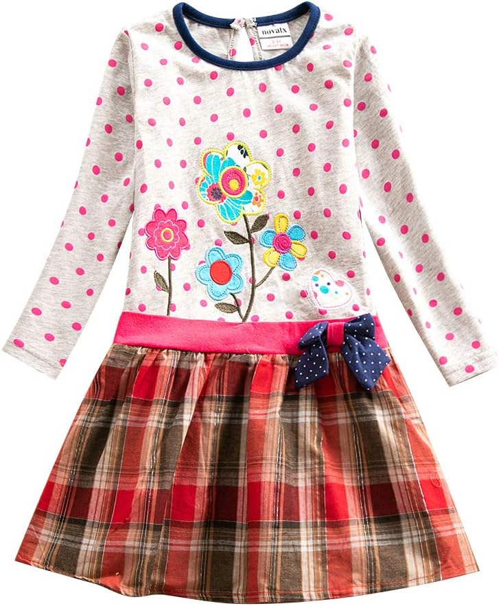 JUXINSU Toddler Girl Cotton Flower Long Sleeve Dress Wave Point Cartoon White Rabbit Bow for 3-8 Years LH4829