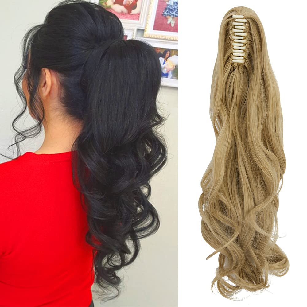 OMGREAT Ponytail Extension 18" Long Straight Curly Claw Ponytail Hair Extension One Piece Clip in on Ponytail Synthetic Hairpieces Curly - Light Ash Blonde & Bleach Blonde