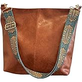 CALFOVERA Hobo Crossbody Bag for Women Vegan PU Leather Shoulder Purses Brown Stylish Wide Guitar Strap Tote Bucket Bag with Zipper for Working, Shopping, Traveling, Daily Use, Gifts