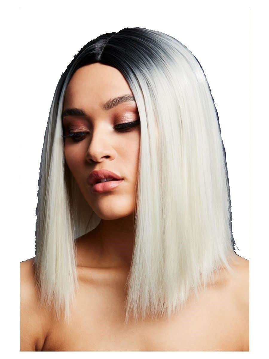 Smiffys Fever Kylie Wig, Two Toned Blend, Ice Blonde Inverted Long Bob, Centre Parting, 37cm/ 15in, Fever Wigs Fancy Dress, Fever Dress Up Wigs