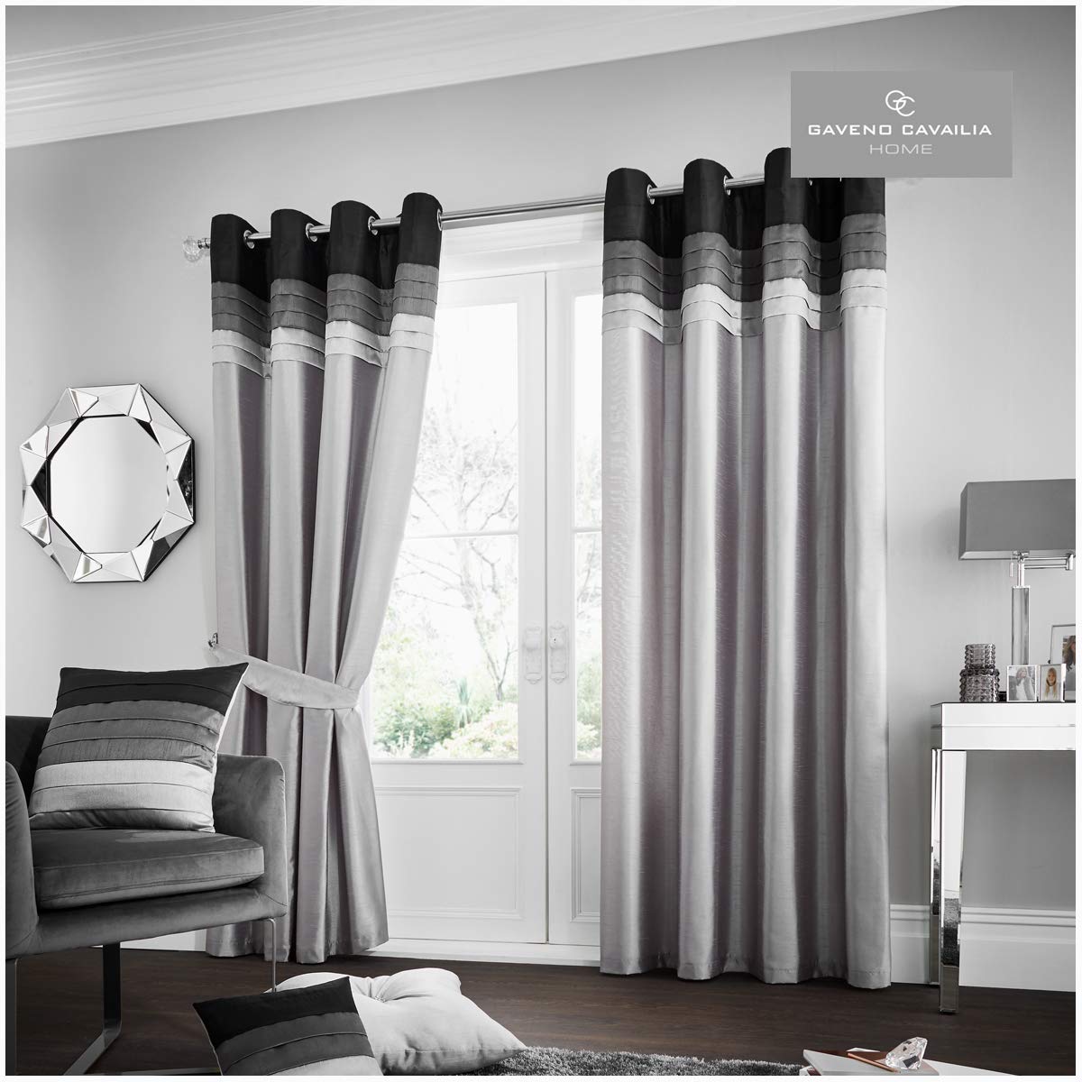 Gaveno Cavailia La Moda Eyelet Curtains Natural, 100% Polyester Luxury Ring Top Drapery with Matching Tie Backs, Two 66"x72" Glamorous Panels, Easy Care Window Treatment, 66x72 Inches