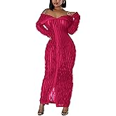 LETSVDO Women's Maxi Off Shoulder Dress Long Sleeve Button Down Ruffle Mesh Bodycon Sexy Dresses Stretchy