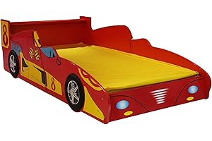 LKTART Twin Size Bed Frame for Kids, Race Car-Shaped Wooden Platform Bed with Headborad Wheels and Support Slats for Boys Girls Toddlers (Red)