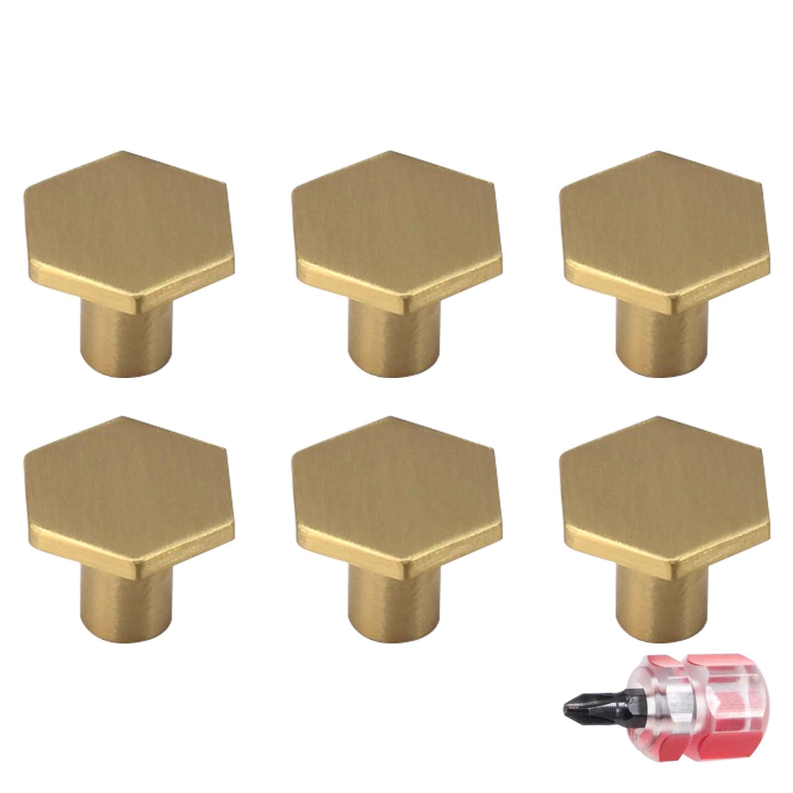 Onyxify 6Pcs Brass Cabinet Door Knob,with 6Pcs Screws and 1Pc Screwdriver, Hexagonal Gold Kitchen Door Knobs, for Cupboard, Desk, Drawer, Dresser Drawer, Wardrobe Gold (25 x 18mm)