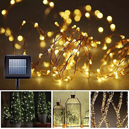 BXROIU 200LEDs Catena di luci solare, Filo di rame da 20 metri, impermeabile IP65, per esterni, per matrimoni, feste e Natale, illuminazione per edifici da giardino (Bianco caldo)