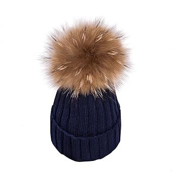 Yidarton Frauen Mädchen Strickmütze Pelzmütze Echt Große Waschbär Pelz Pom Pom Beanie Hüte Winter
