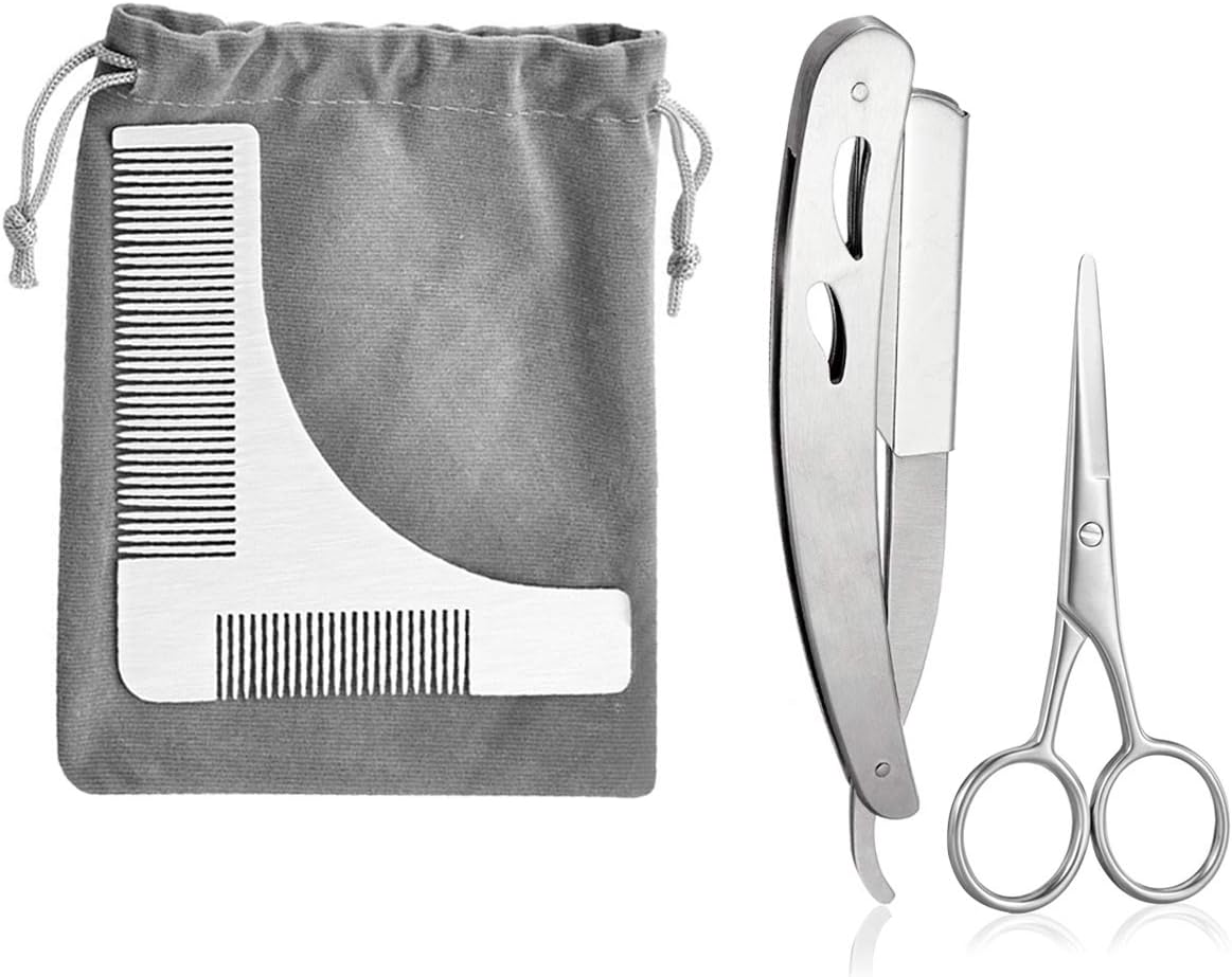 Beard Grooming Kit for Men, Stainless Steel Men's Facial Hair Hairline Symmetric Lines and Trim with Shaping Template Comb, Professional Straight Edge Razor and Scissors for Beard Trimming Grooming