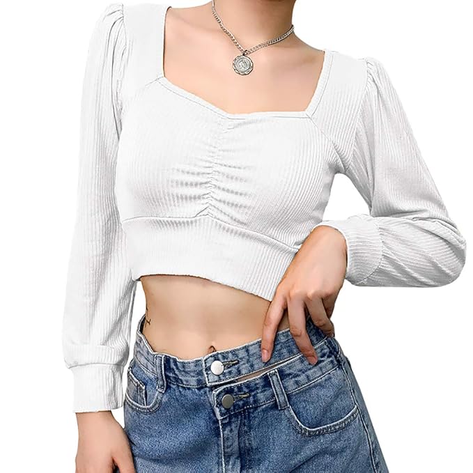 Buy HUILAN Women's Long Sleeve Square Neck Ribbed Solid Ruched Crop Top Tee Shirt White M at 