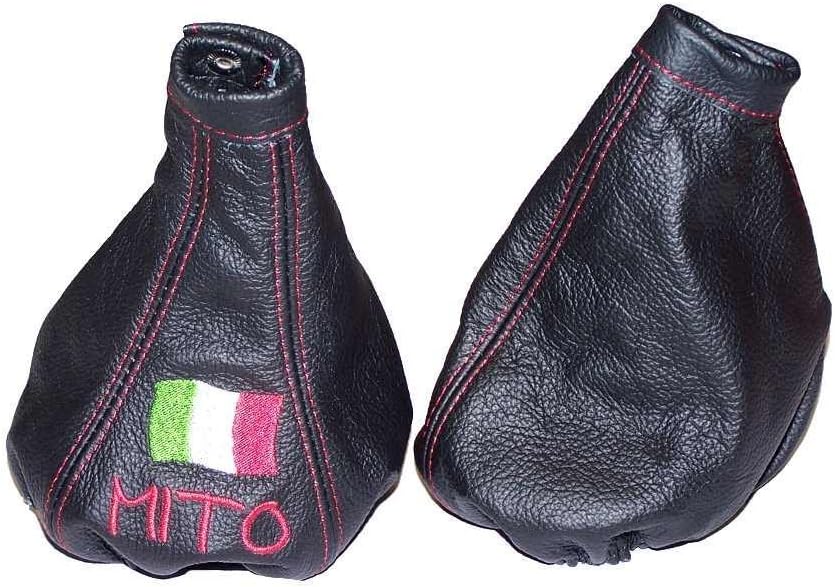 The Tuning-Shop Ltd For Alfa Romeo Mito 2008-2014 Shift & E Brake Boot Black Italian Leather Red Mito Logo Embroidery