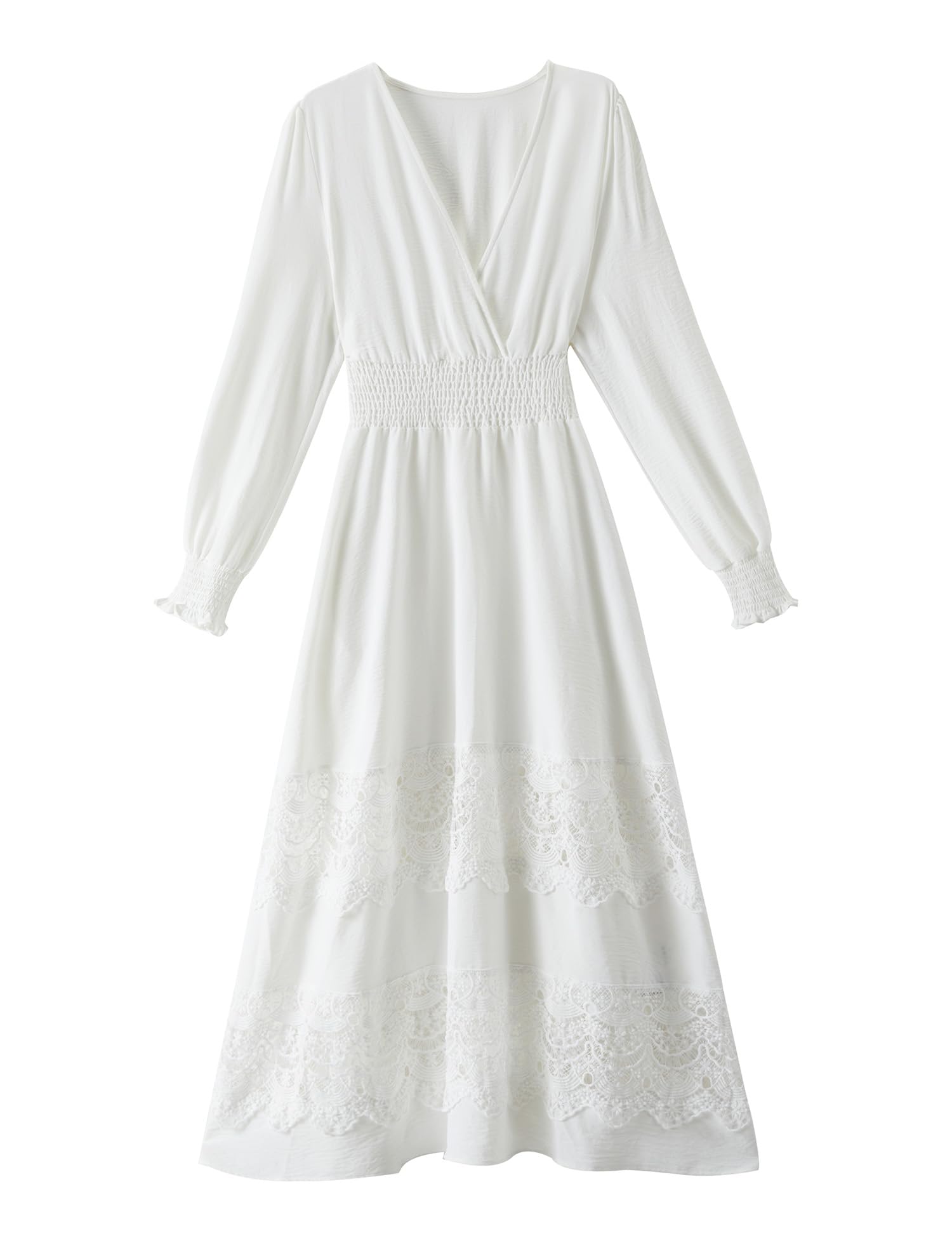 Photo 1 of Olaesa Long Sleeve White Boho Maxi Dress for Women 2025 Spring Wedding Guest Dress Lace Boho V Neck Dresses with Pockets