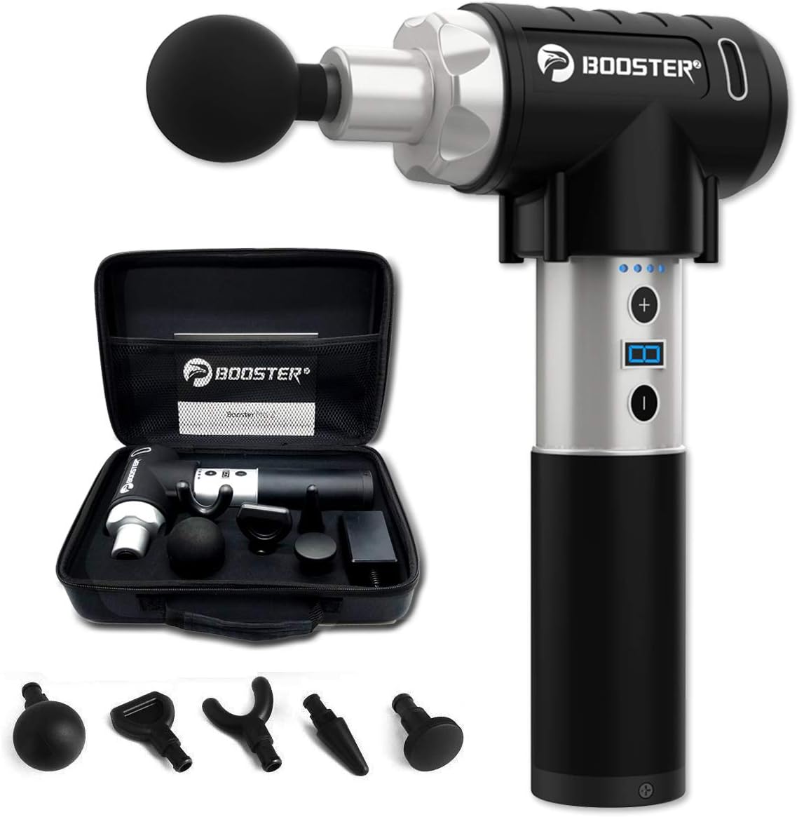 BOOSTER PRO 2 Percussion DEEP Tissue Massage Gun Latest Noise Reduction Technology, 9 SPEEDS, 5 Massage Heads Carrying CASE
