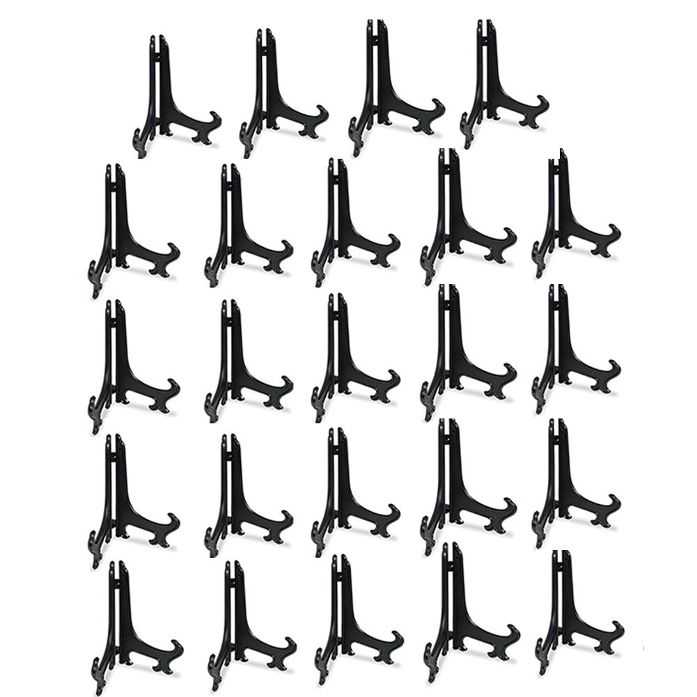 Tincogo 4" Black Plastic Easels or Stand/Plate Holders to Display Pictures or Other Items at Weddings, Home Decoration, Birthdays, Tables (24 Pack)