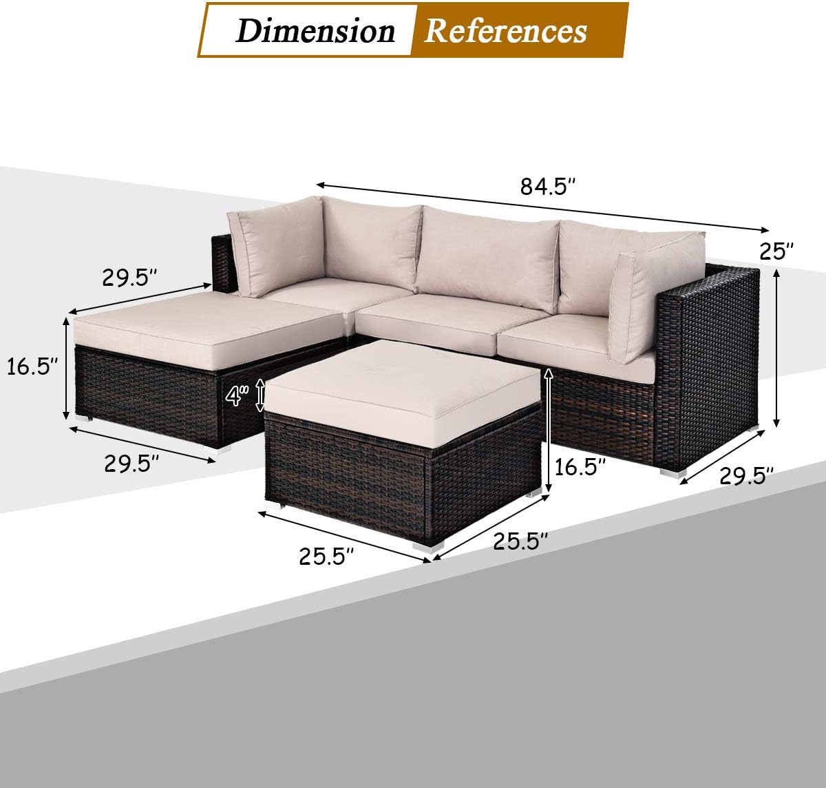 Tangkula 5 PCS Patio Rattan Furniture Set, Outdoor Sectional Rattan Sofa Set with Soft Cushions, Wicker Conversation Set with Sofa Ottoman for Backyard Porch Garden Poolside Balcony (Brown): Garden & Outdoor