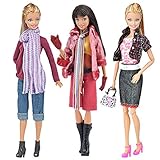 E-TING 3 Pack Fashion Doll Clothes Casual Wear Coat T-shirt Denim Skirt with Necklace Handbag for Barbie Dolls