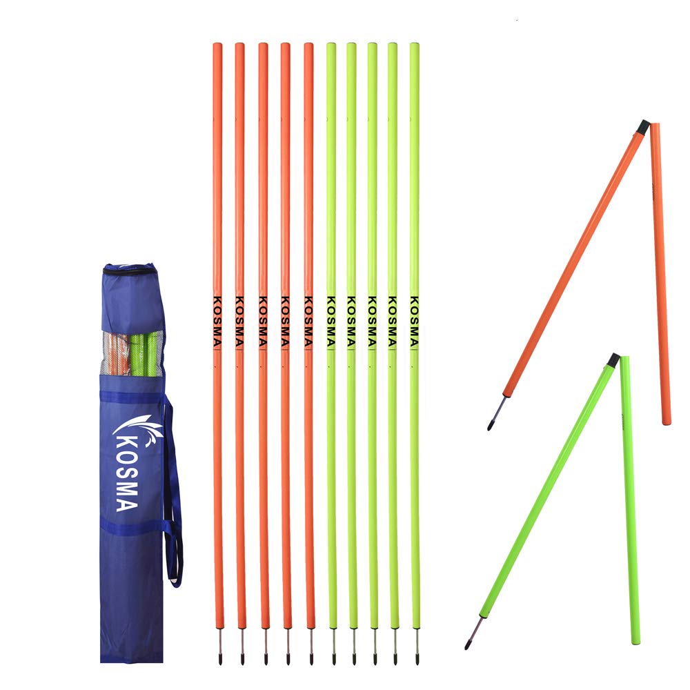 Kosma Pack of 12pc Speed Training Slalom Poles 5ft x 25mm (Foldable) with metal spike - Colour: 6Pc Each Yellow, Orange | Agility Football Training Posts in Carry Bag