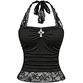 WDIRARA Women's Gothic Lace Halter Tops Ruched Sleeveless Tie Backless Tank Top