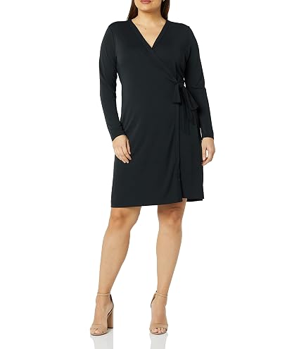 Amazon Essentials Women's Long Sleeve Classic Wrap Dress, V Neck, Pleated, Midweight Fabric (Available in Plus Size), Black, X-Small : Clothing, Shoes & Jewelry