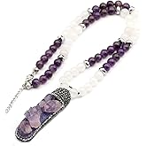 ElisaJewelryArt - Natural Raw Zirconia Amethyst Crystal Pendant Selenite And Amethyst Beaded Necklace Genuine Gemstone Feng Shui Stone Clasp Closure Necklace Unisex Necklace