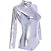ODIZLI Women Shiny Metallic Long Sleeve Leotard Mock Turtleneck One Piece Bodysuit for Gymnastics Ballet Dance