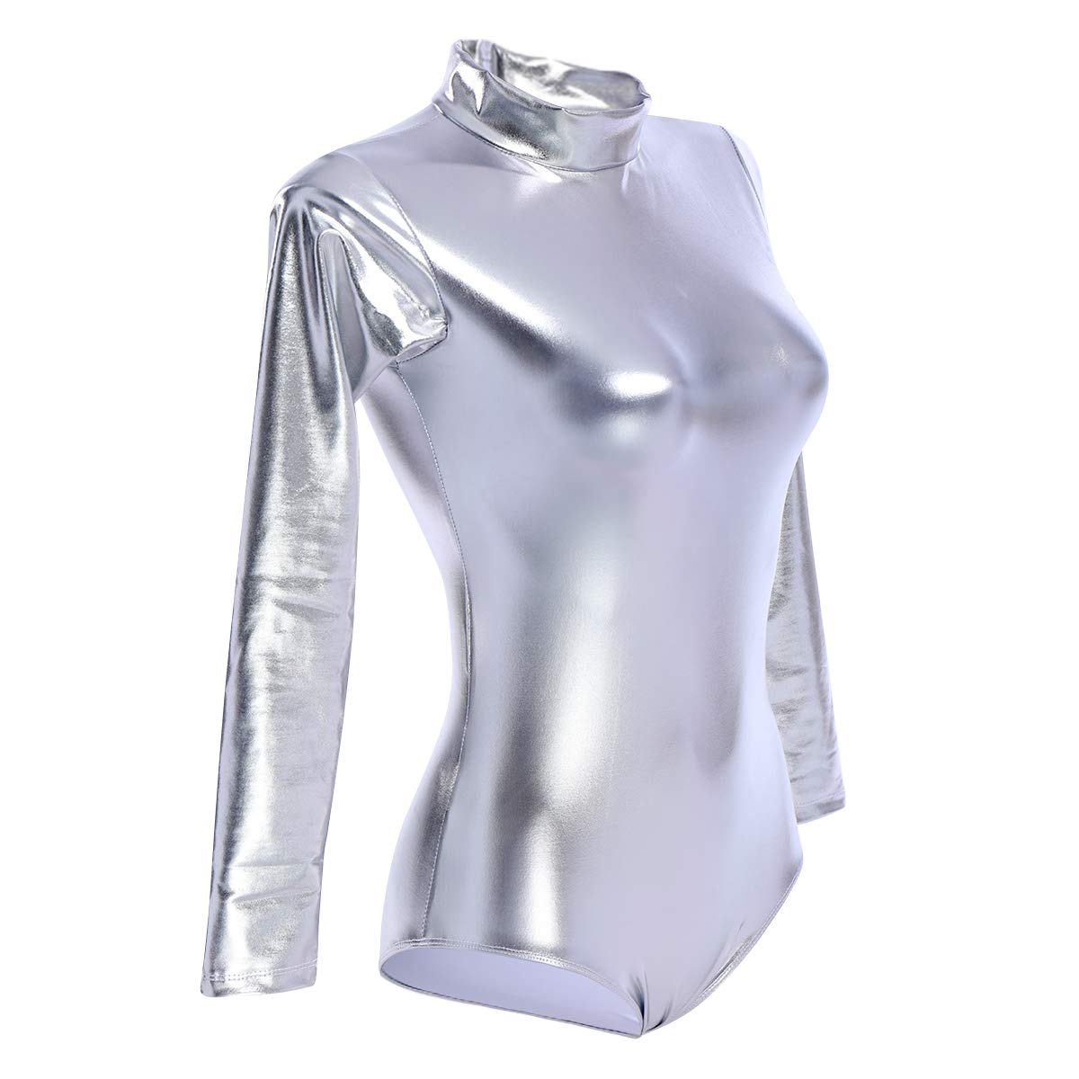 Photo 1 of   ODIZLI Women Shiny Metallic Long Sleeve Leotard Mock Turtleneck One Piece Bodysuit for Gymnastics Ballet Dance Silver, S