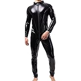 QiaTi Mens Latex Bodysuit Full Body Leotard Long Sleeves Unitard Faux Leather Bodysuit