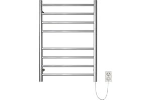 SHARNDY Towel Warmer Brushed Nickel for Bathroom Wall Mounted Drying Rack Plug-in Electric Heated Towel Rack Stainless Steel Round 8 Bars Bath Towel Heater ETW44-2 70W 27.56x19.69x4.41 inches